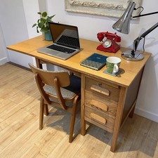 Vintage Oak Teachers Desk Home Office Knee Hole Desk 1940s  