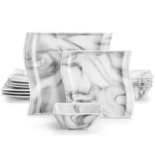 Plates and Bowls Sets, 12-Piece Porcelain Dinnerware Sets for 4, Square Plates a