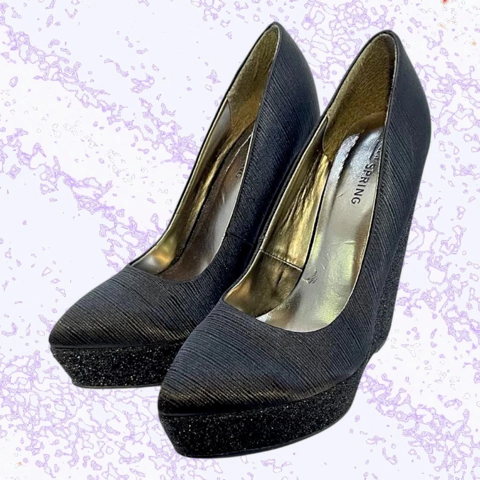 Call It Spring Black Wedges Shimmering Closed Toe Heels | Women's Size 6 - Image 2 of 4
