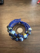 Vintage Glass Bead Bracelet, Blue, Handmade L...