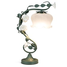 Retro Bedside Table Lamp with Lily of the Valley Glass Shade Green