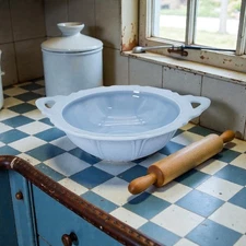 VTG Jeannette Delphite Cherry Blossom Blue Two-Handled Bowl Depression Glass 11"