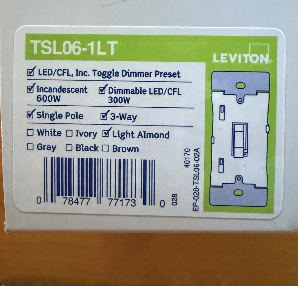 Leviton TSL06 LED/CFL 调光开关单极/3 路 300W/600W 象牙色 — 第 2/3 张图片