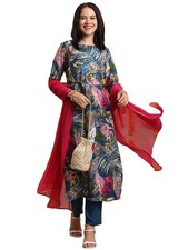 GoSriKi Women's Rayon Blend Straight Printed Kurta with Pant Dupatta