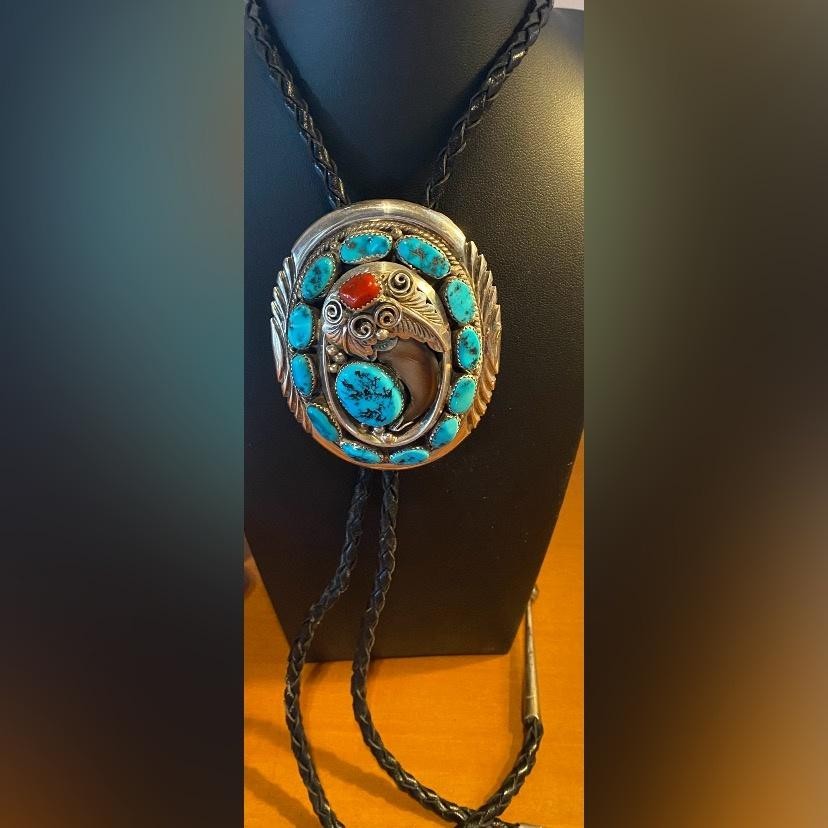 Vintage J M Toadlena Bolo Tie Necklace Turquoise Coral Sterling Silver Navajo