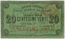 20 CENTESIMI BIGLIETTO FIDUCIARIO SOCIET&Agrave; CENTRALE DEGLI OPERAI DI PARMA 1867 BB