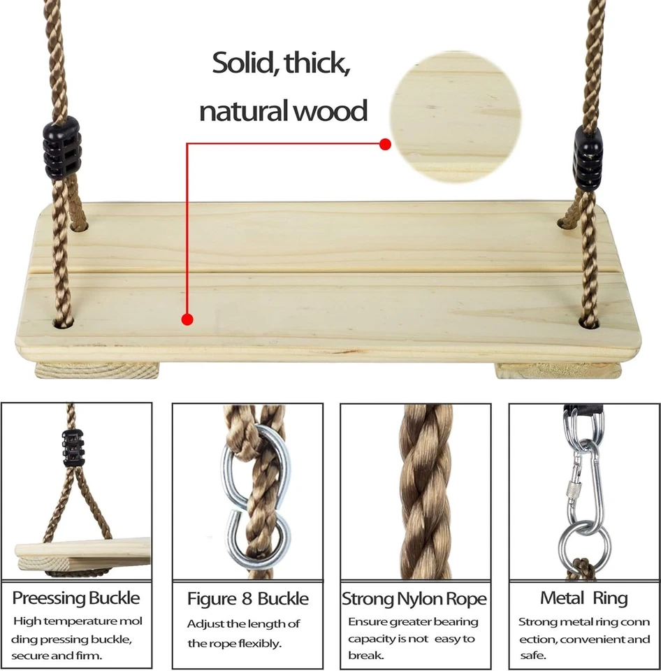 Asiento Columpio Madera Colgante, Exterior Nostálgico para Niños, Adultos Altura Ajustable Foto 3 de 4