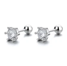 Round Cut Cubic Zirconia Ball Screw Back 925 Sterling Silver Stud Earrings PE1