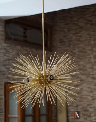 Mid century 5 Bulbs Gold Brass Sphere Urchin Chandelier Sputnik Light Fixture
