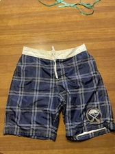 NHL Men’s Large Buffalo Sabres Swim Shorts, Navy Trunks Checkered Logo Excellent