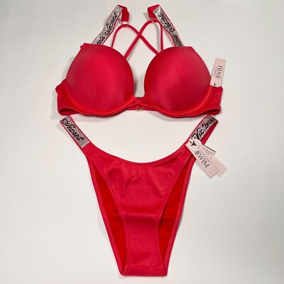 Victoria Secret 36DD L Bombshell Push Up Top Bikini Set LOGO Shine Strap Pink
