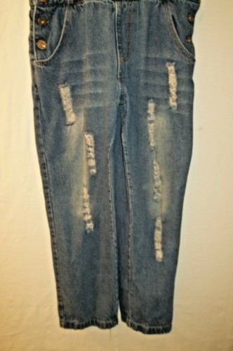 Vintage Girls Jeans Denim Bib Overalls Distressed w Bling 140/68 - Picture 3 of 9