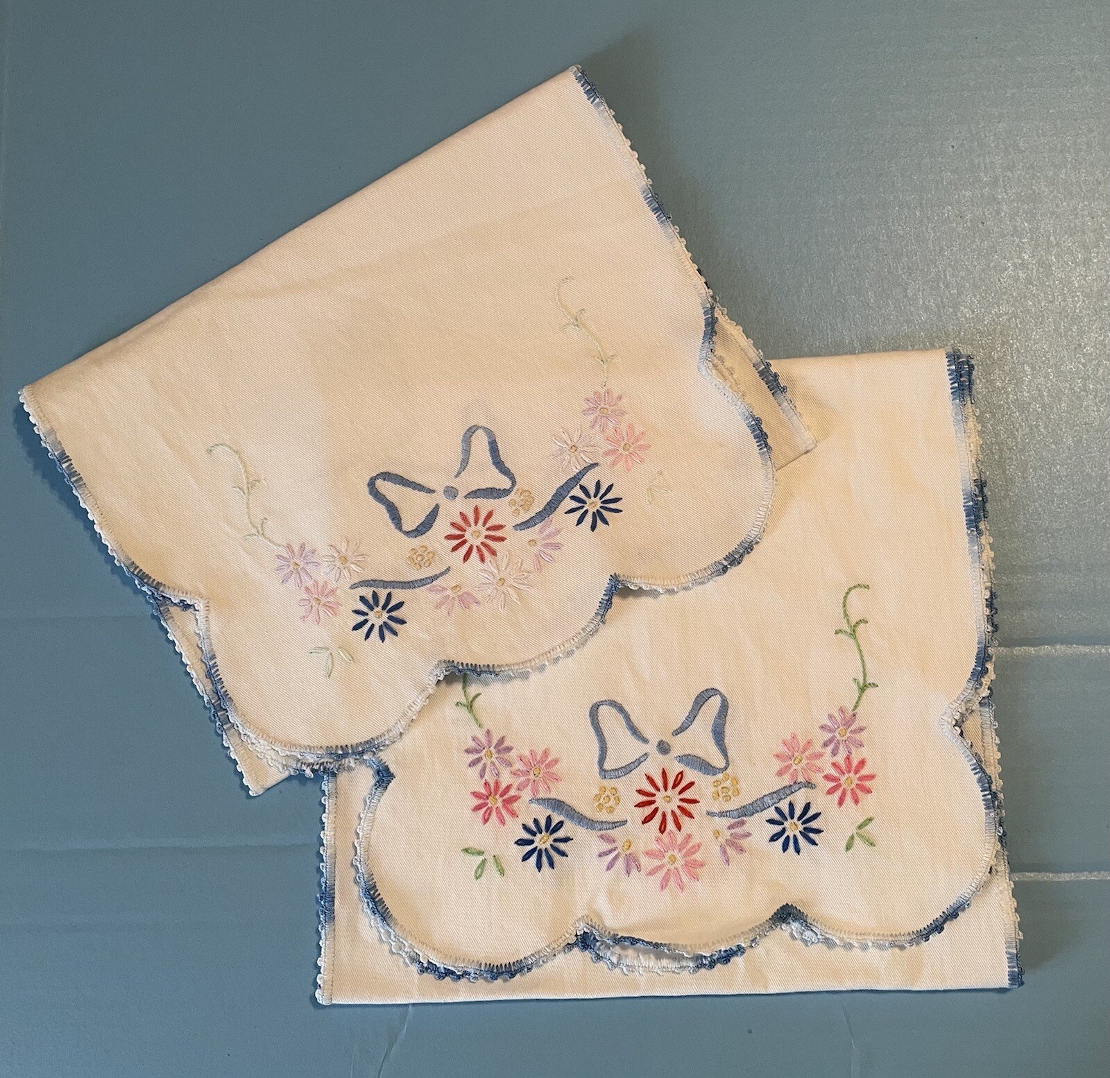 Vintage Dresser Scarf Set 2 Embroidered/Crocheted Pale Blues eBay