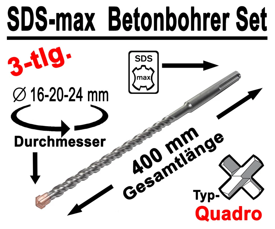 SDS-max Betonbohrer Set 3-tlg Quadro Bohrer Hammerbohrer 16mm 20mm 24mm x 400mm - Bild 3 von 4