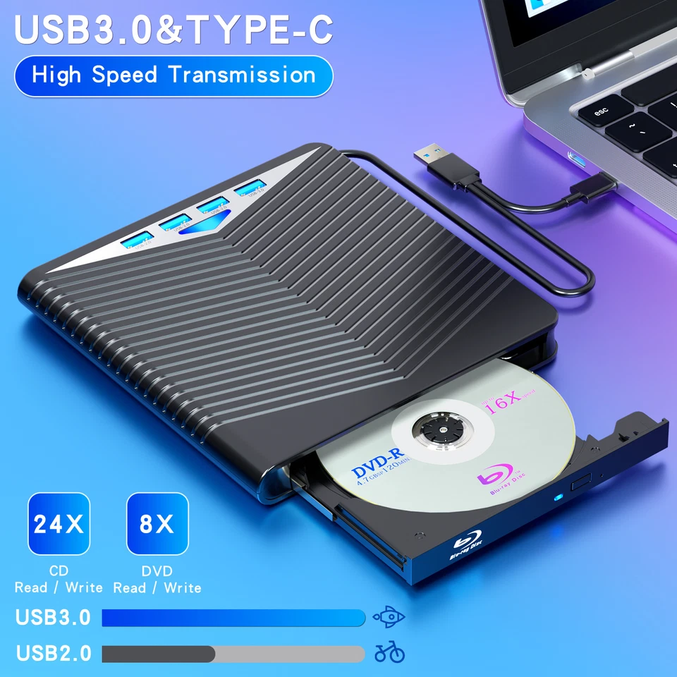 External CD DVD Drive for PC Laptop Windows 11 10 USB 3.0 Burner Reader Writer - Image 3 of 4