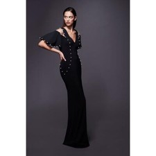 NEW Pamella Roland V Neck Gown Black Pearl Long Fitted Back Slit Mesh Dress 2 4
