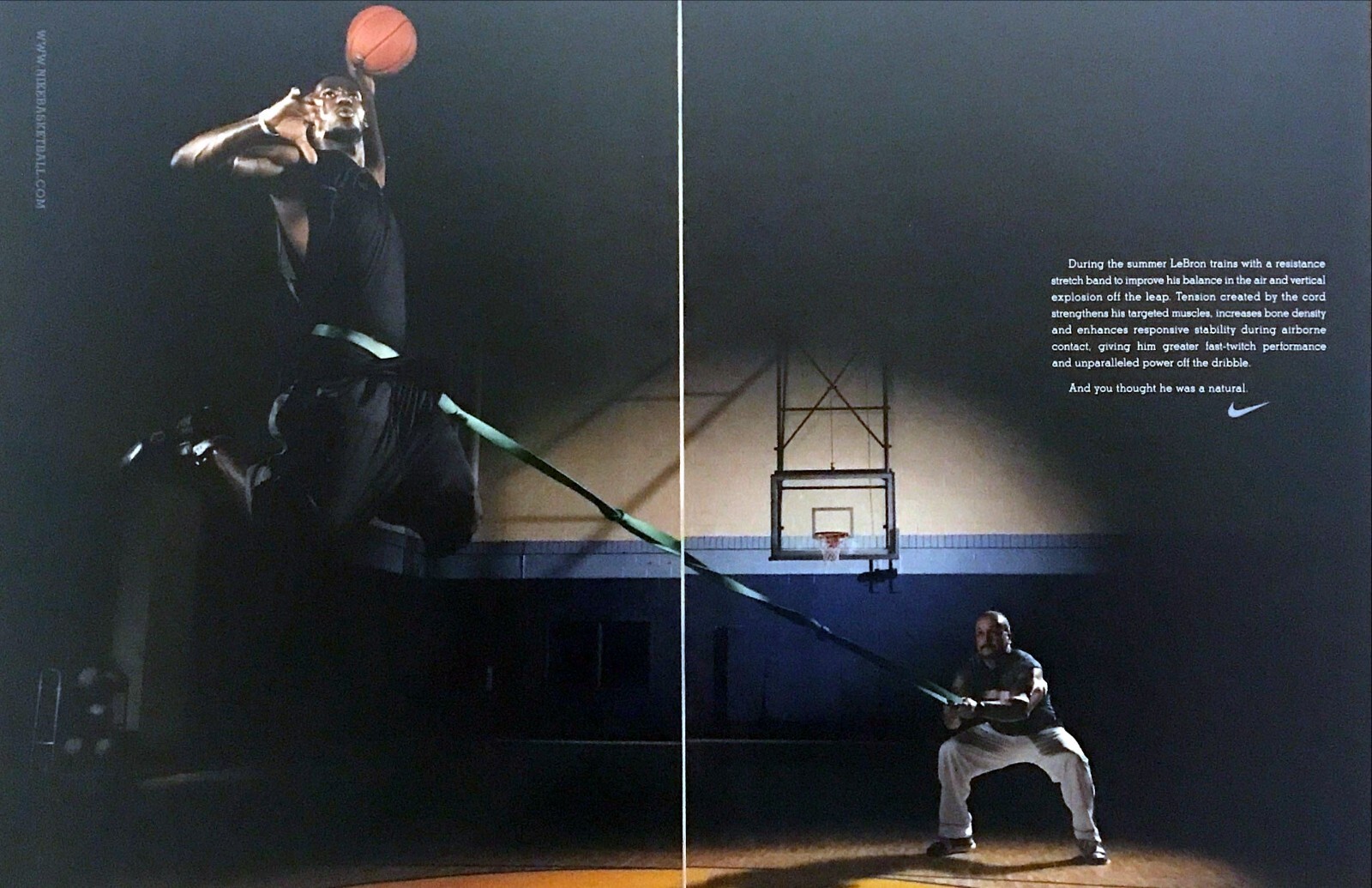 2005 LeBron James Slam Dunks wearing Stretch Band photo Nike 2-page print ad