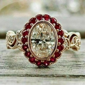 Authentic 3Ct Oval Cut Lab Created Diamond & Red Ruby Engagement Ring 14K Rose Gold Plated