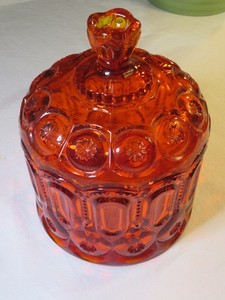 VTG L.E. SMITH GLASS CO. MOON & STARS AMBERINA LIDDED JAR JARDINIERE CANDY JAR