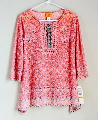 Ruby Rd Coral Orange & Blue Tunic Blouse Size S Embellished Geometric Print