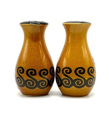 Vtg Enesco Imports Japan 4'' Salt & Pepper Shakers, Brown Stone Ware w/Black