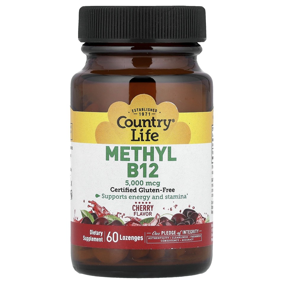 Country Life Methyl B12 Cherry Flavor 5000 mcg 60 Lozenges Gluten-Free, GMP
