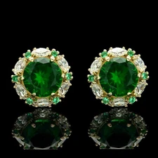 3Ct Lab Created Green Emerald & Diamond Halo Stud Earring 14K Yellow Gold Over