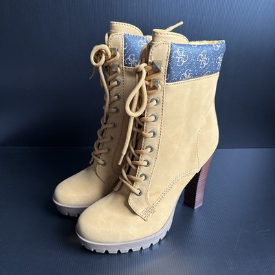 NWOB Guess Brown Leather Tetia Lace Up/Zip 5  Heel Mid Boots Women s Size 10