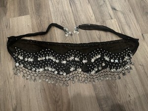 Black Belly Dance Hip Scarf Coin Belt Beaded Sheer Wrap Costume Tribal Gypsy