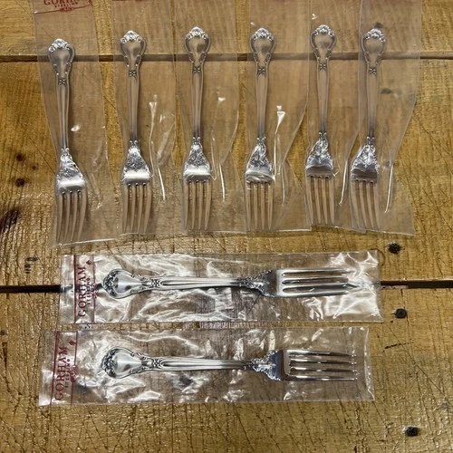Set of 8 Gorham “Chantilly” Sterling Silver “P” 7 1/2" Place Forks: No Monogram
