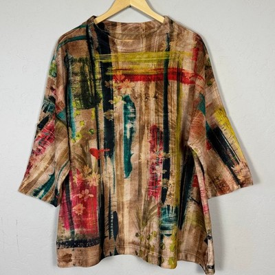 Ali Miles Abstract Artsy Tapestry Boxy Art To Wear Top Women's XL 3/4 Sleeve 