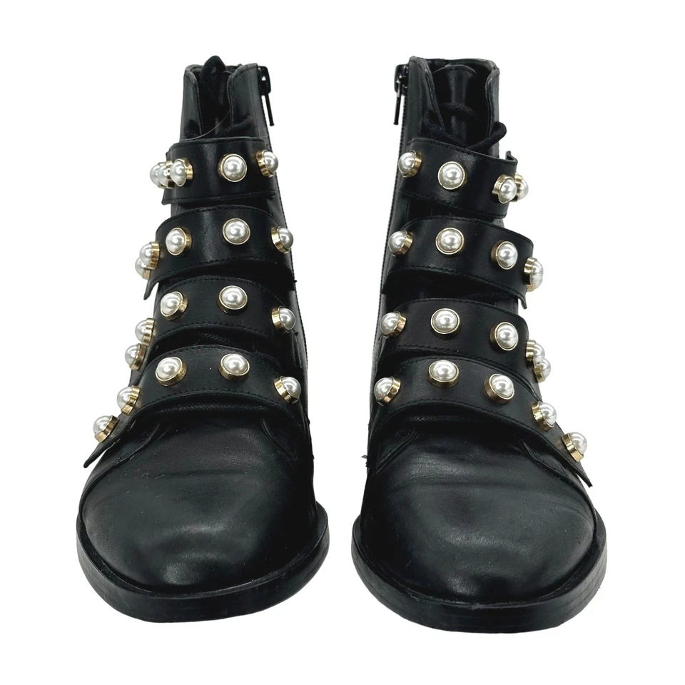 ZARA Leather Combat Biker Boots Moto Pearl Strap Boots Black Women's EU 39 US 8 - Image 2 of 4