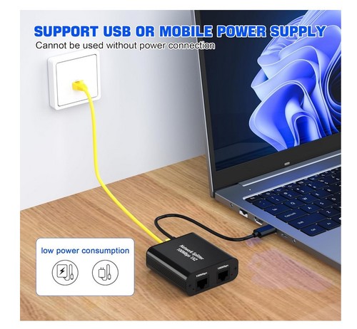 Ethernet Splitter 1 to 2 Out, 100Mbps Internet Splitter Adapter with USB Power - Picture 4 of 9