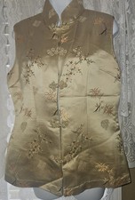 Vtg Chinese Silk Blend Embroidered Sleeveless Top Blouse Gold Floral Gorgeous M