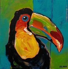 SLOOG Original Art Colorful Expressionist Painting on Canvas 12x12 Toucan