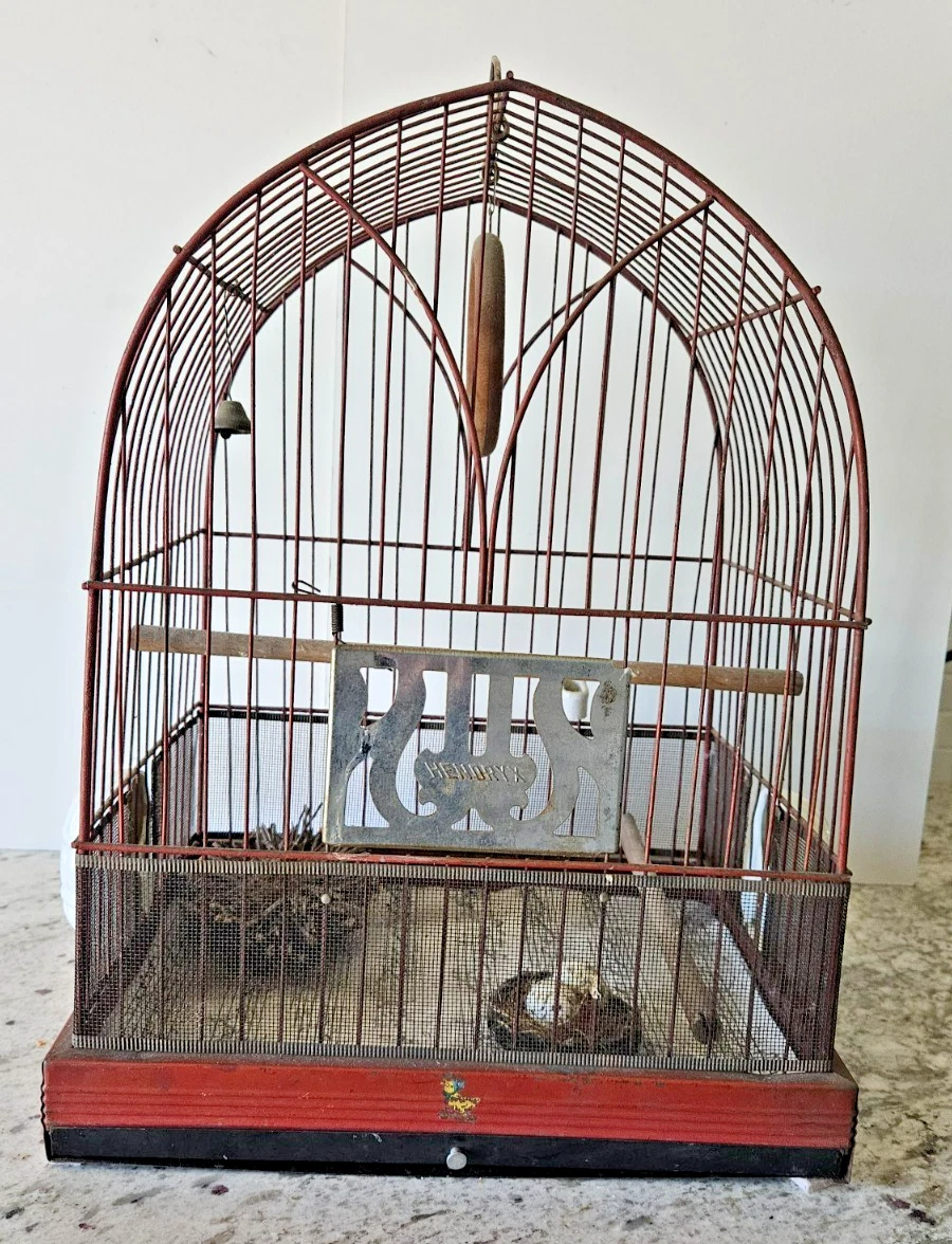 Vintage Hendryx Metal Bird Cage 1940s Art Deco Bird Cage Milk Glass Feeders Etc.