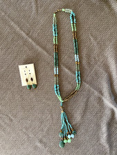 Beaded Necklace and Earrings Set, Brown, Turquoise, And Green, 27 Inch