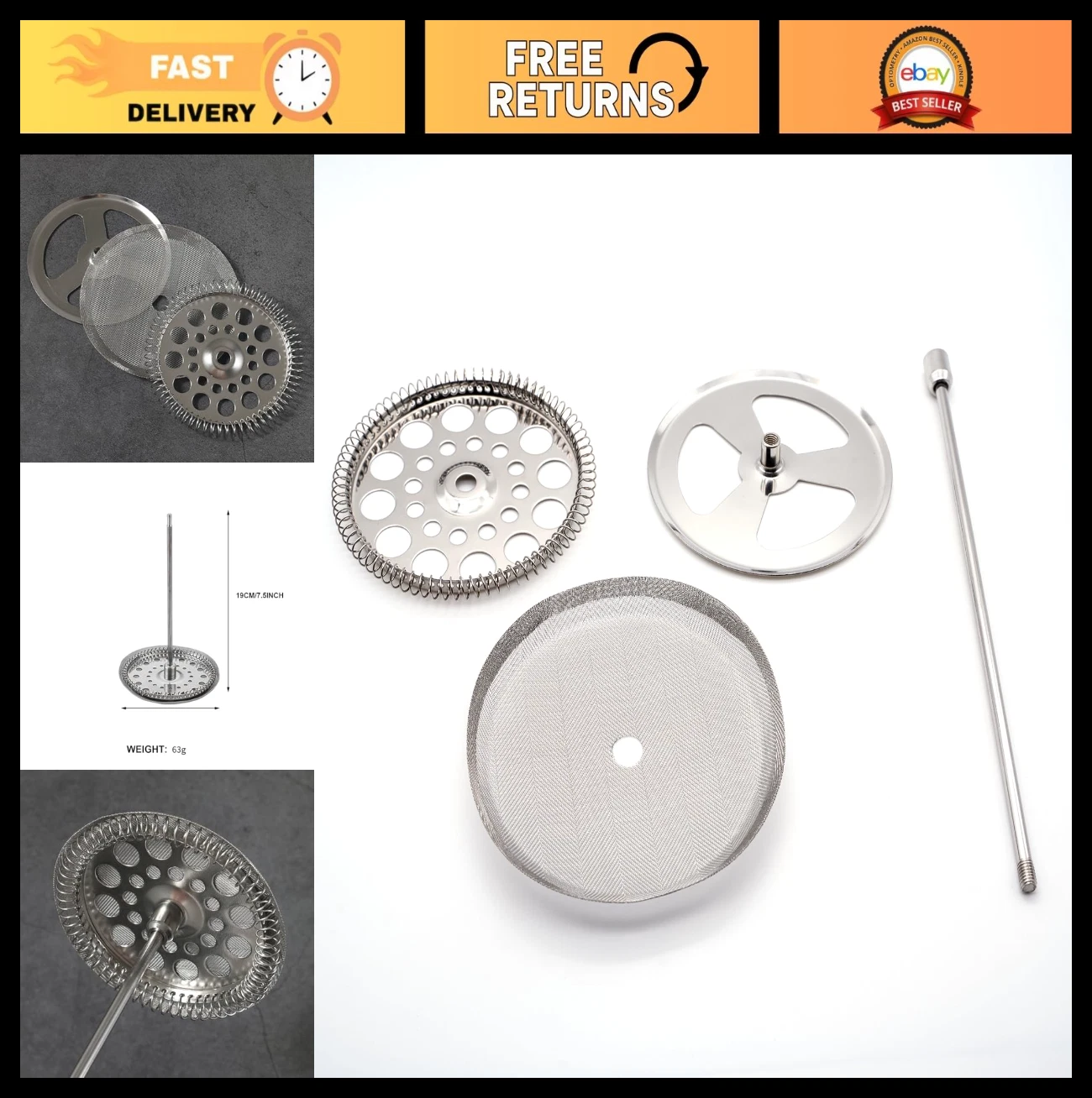 5-Piece Stainless Steel French Press Brewing Set - 34oz Filter Replacement Kit