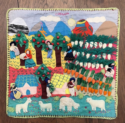 (A-1) Vintage Peruvian Handmade Folk Art  Farm Scene 3D Wall Tapestry 19 