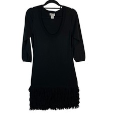 Soft Surroundings Black Fringe Hem Wool Blend Knit Scoop Neck Dress Womens M