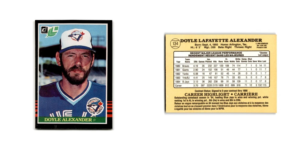Doyle Alexander 1985 Leaf #134 Toronto Blue Jays Baseball Card NM - Image 3 of 3