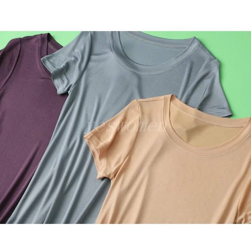 Women Mulberry Silk Long Shirts Short Sleeve Sleep Slips Dress Nightgown T Shirt - Bild 10 von 25