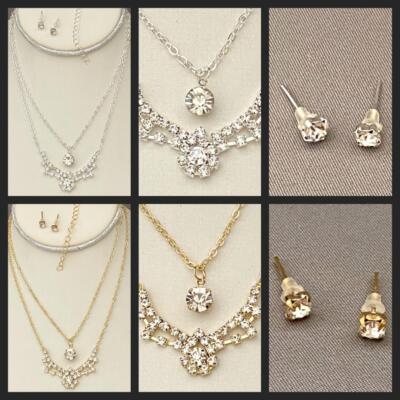 SET NECKLACE & POST EARRINGS CRYSTALS SELECT SILVER OR GOLDTONE FREE SHIPPING