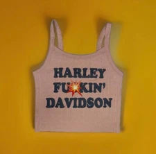 Medium vintage Style Harley Fu**in Davidson Print Brown Ribbed Cropped Tank Top