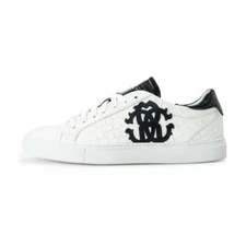 Roberto Cavalli Sneakers Shoes Men's White Textured Leather Logo Print Fashion