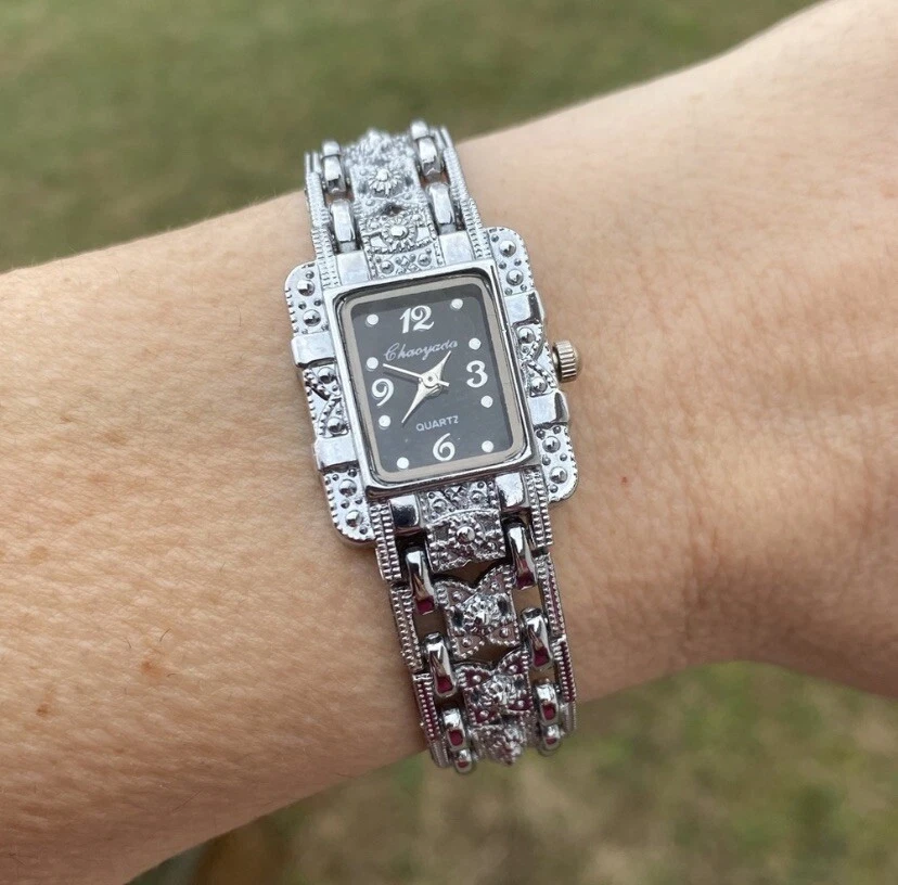 Chaoyada quartz watch faux marcasite link band black face eBay