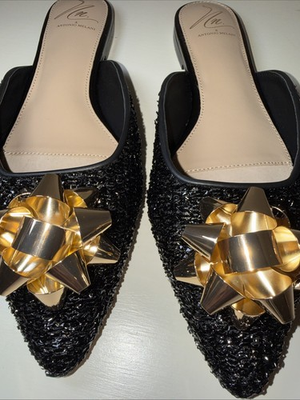 #ad Black Antonio Melani x The Nat Note Estrella Textured Gold Bow Dress Mules 8 $60.00