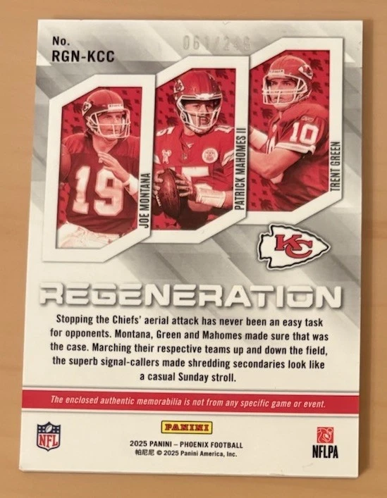Panini Phoenix Montana/Mahomes II 2025/Green Regeneration Red 061/249 #RGN-KCC Foto 2 de 2