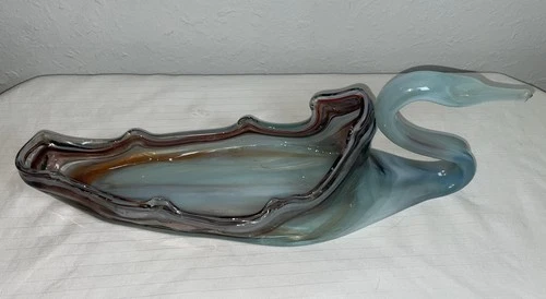 VTG BLUE SWIRL W/ BROWN SWIRLS MURANO TYPE BLOWN GLASS SWAN CANDY DISH  17”LONG