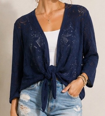Christopher & Banks Navy Blue Open Knit Tie Front Cardigan Shrug Size L